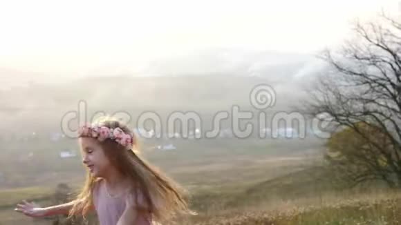 草地上欢快的小女孩的肖像视频的预览图