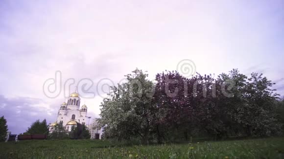东正教的穹顶环绕着开花的苹果树和绿色的草地宗教概念库存数据视频的预览图