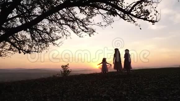 日落时三个小女孩在靠近树的草地上奔跑的剪影视频的预览图