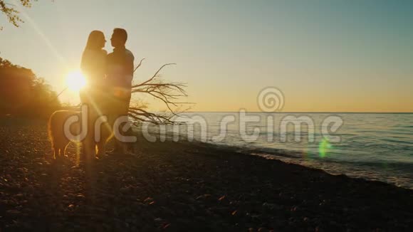 日落时分一对年轻夫妇带着宠物在湖面和落日的映衬下并肩而立视频的预览图