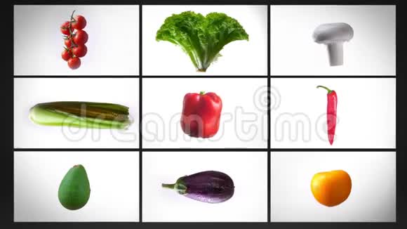 蒙太奇纺湿多样的蔬菜在白色背景上拼贴视频的预览图