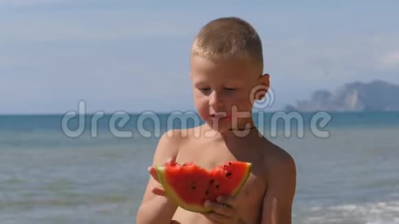 孩子们在海滩上玩在沙子里吃西瓜的男孩孩子手里拿着一块绿色的瓜皮视频的预览图