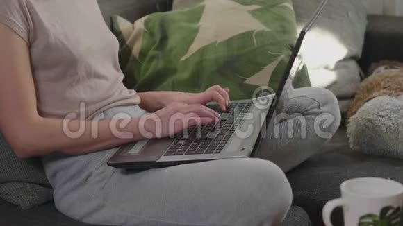 年轻女子用笔记本电脑在家里的办公室工作视频的预览图