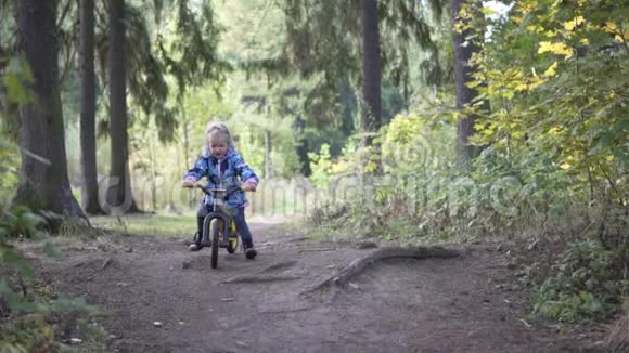 一个骑自行车的小女孩骑着自行车穿过秋天的森林视频的预览图