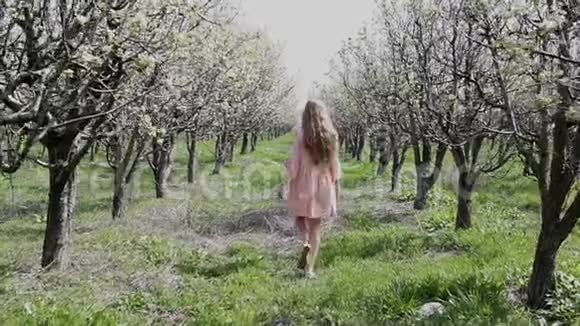 金发女孩走在盛开的花园里休息视频的预览图