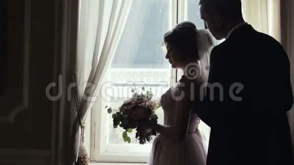 新婚夫妇拥抱亲吻站在房间巨大的窗户附近视频的预览图