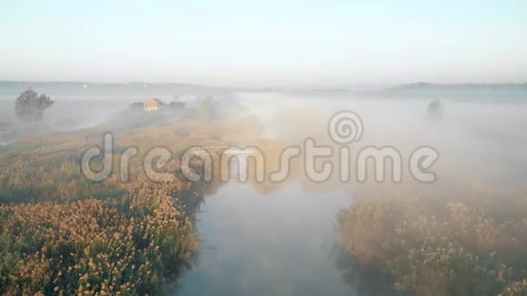 从无人驾驶飞机上射击清晨飞过薄雾笼罩的河流视频的预览图