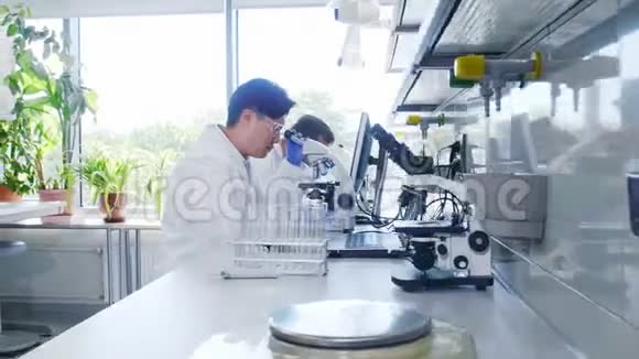 科学家和他的助手在实验室工作医生教学实习生进行分析研究实验室工具视频的预览图