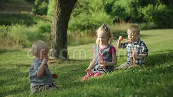 快乐的三个孩子在公园坐在草地上吹肥皂泡视频的预览图