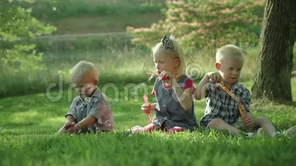 快乐的三个孩子在公园坐在草地上吹肥皂泡视频的预览图