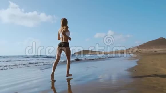 美丽的运动女性沿着美丽的沙滩奔跑健康的生活方式在附近享受活跃的暑假视频的预览图