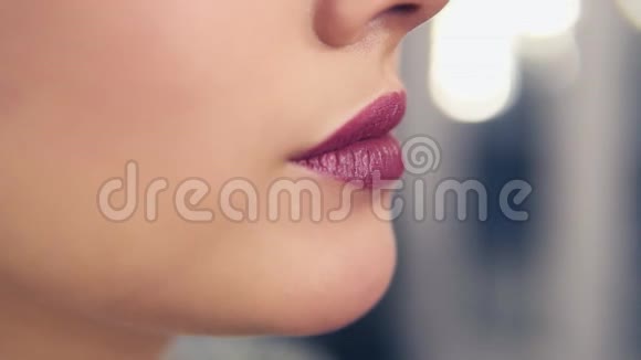 专业化妆师在模特儿的嘴唇上涂口红或唇彩从事美容行业视频的预览图