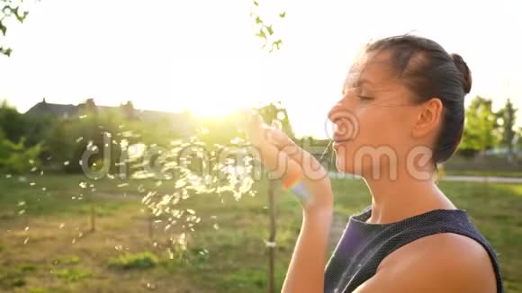 在阳光明媚的日子里女人在户外吹芦苇芦苇发出的绒毛四处飞舞视频的预览图