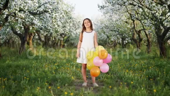 一个小女孩在盛开的苹果园的肖像视频的预览图