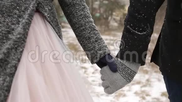 特写新郎牵着新娘的手在冬天下雪时在松林散步的视频下雪视频的预览图
