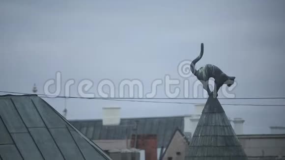 拉托维亚老里加一所房子屋顶上的猫雕像视频的预览图