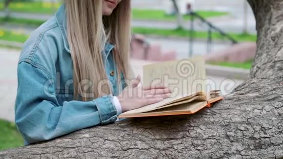 穿着牛仔裤夹克和眼镜看书的漂亮严肃的女孩对抗夏天的绿色公园视频的预览图