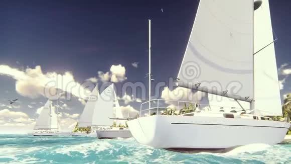 在美丽的蓝色海洋中的荒岛海滩上的帆船视频的预览图