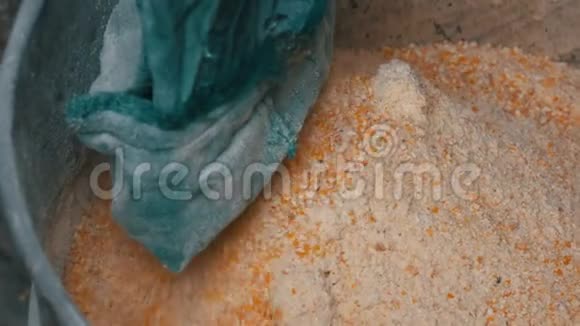 玉米麸皮或片片在专用机磨粒玉米粉或碎玉米近景视频的预览图