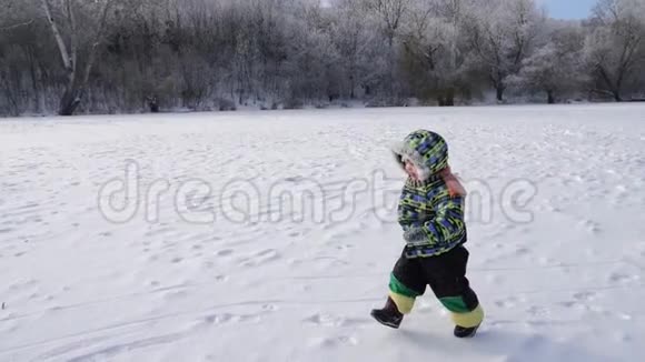 小男孩沿着公园里结冰的湖跑视频的预览图