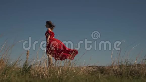 光着脚的女人穿着飞行服在草地后面视频的预览图