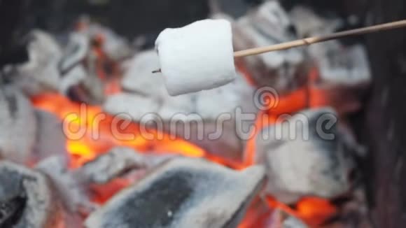男人在户外的煤上炸棉花糖肉串上的棉花糖在木桩上炸了在热炭上烤棉花糖视频的预览图