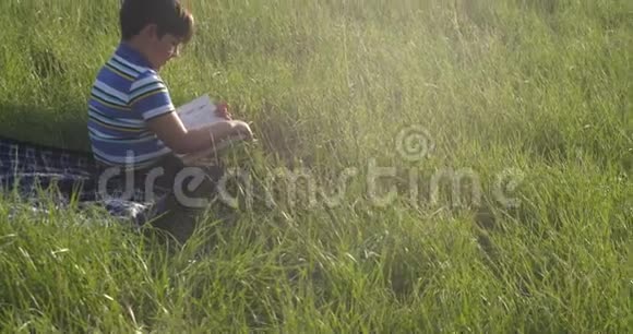 晚上一个拿着书的男孩坐在一片绿色的草坪中间视频的预览图