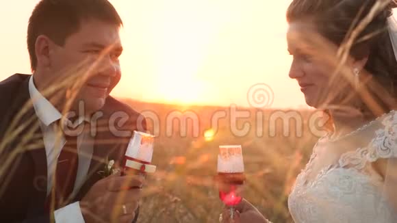 快乐的新娘和新郎在明亮的阳光下从漂亮的眼镜里喝香槟新婚夫妇喝葡萄酒视频的预览图
