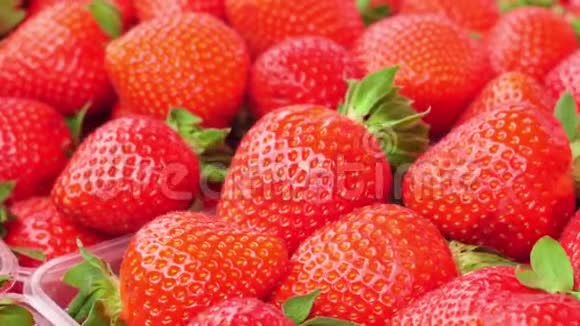 草莓背景市场柜台上的红色成熟有机草莓视频的预览图