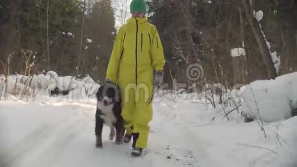 冬天森林里和狗一起散步的女人视频的预览图