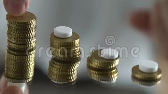 硬币堆上的药片昂贵药品的概念制药业视频的预览图