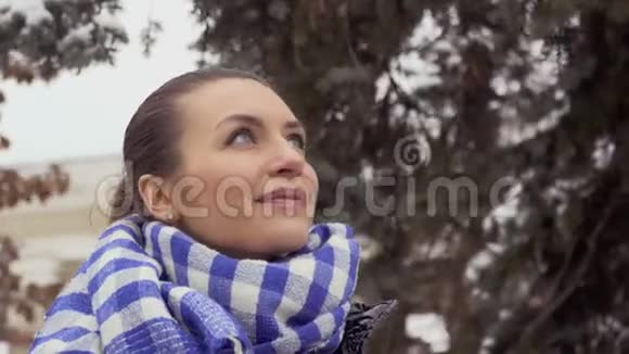 年轻美丽微笑的黑发女人看着摩天轮视频的预览图