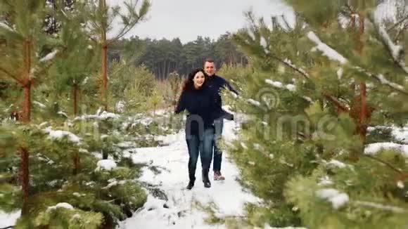 在冬天的森林里玩得很开心他们在雪地里奔跑大笑摄像机在移动圣诞快乐视频的预览图