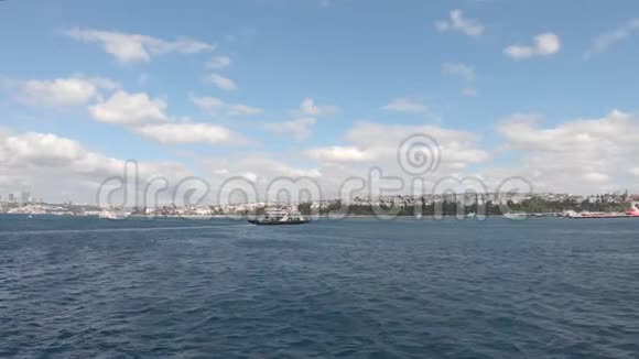海鸥飞越博斯普鲁斯海与土耳其伊斯坦布尔市景相对抗视频的预览图