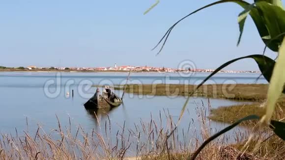 河口小而废弃的沉船周围有植被地平线上的小镇视频的预览图