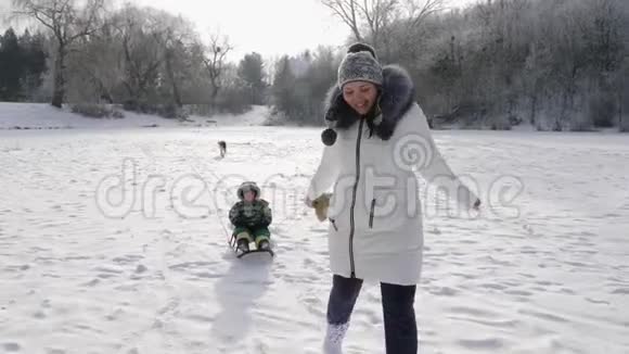 年轻的母亲把儿子卷在雪橇上视频的预览图