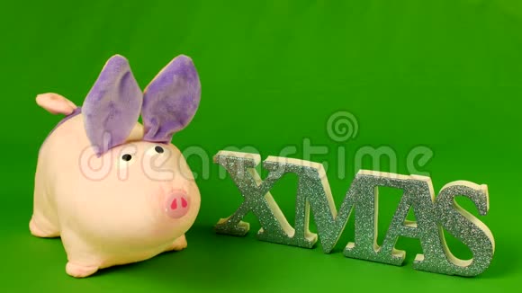 软玩具猪站在霍莫基和铭文XMAS装饰圣诞节视频的预览图