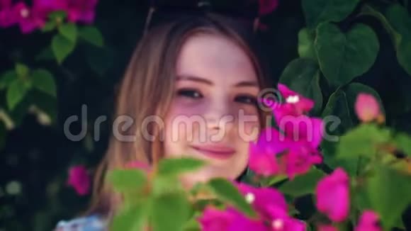 公园里开花树旁的漂亮女孩肖像青春观念和自然美女人和春天自然自然视频的预览图