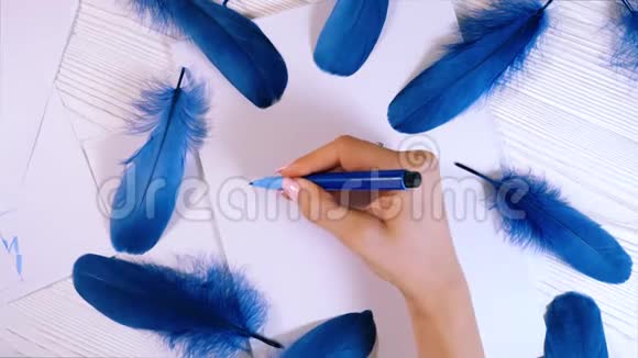 做梦女性的手在羽毛框架的画布上写着美丽的蓝色字母书法剧本写信的艺术视频的预览图