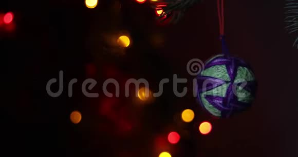 猫在云杉树枝上玩圣诞软玩具背景是多种颜色的圣诞彩灯花环视频的预览图