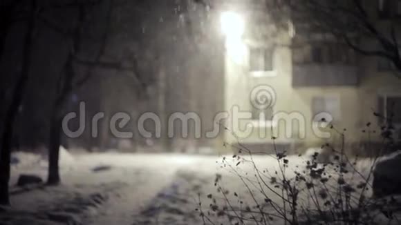 大雪落在大楼前面晚上视频的预览图