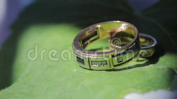 结婚戒指躺在绿叶床单上特写视频的预览图