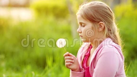 一个金发的少女正在吹蒲公英春天的峡谷露营春假儿童日视频的预览图