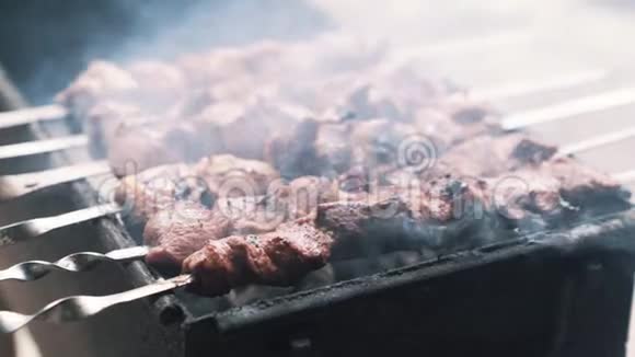 把旋转烤肉串关起来慢动作街头美食视频的预览图