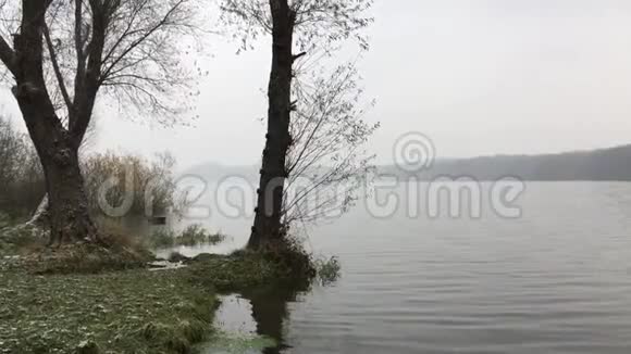 在寒冷的秋天下雪时湖面上波浪视频的预览图