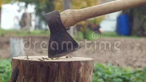 一个人把斧子插在木块里特写柴火视频的预览图