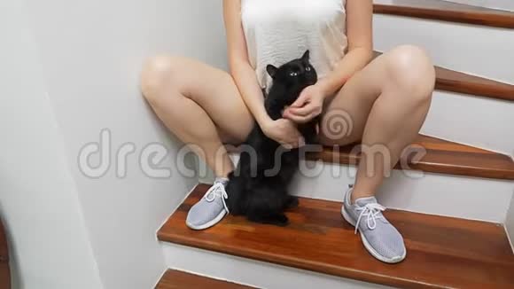 女孩正坐在房子的楼梯上两腿之间抱着一只黑猫抚摸着它视频的预览图