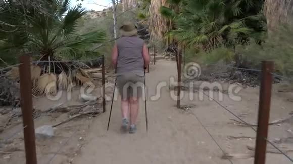 莫哈韦沙漠棕榈树绿洲上活跃的脂肪成熟女性徒步旅行视频的预览图