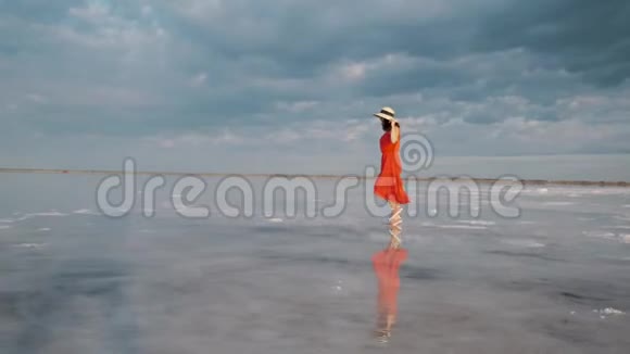 一位年轻的女游客穿着一件挥舞着的裙子沿着一个天空反射的盐湖散步视频的预览图