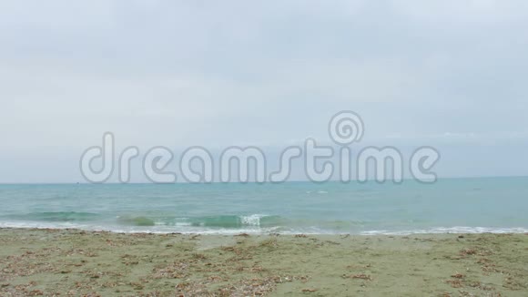 美丽的女孩沿着大海慢跑在空旷的沙滩上溅起咸波视频的预览图